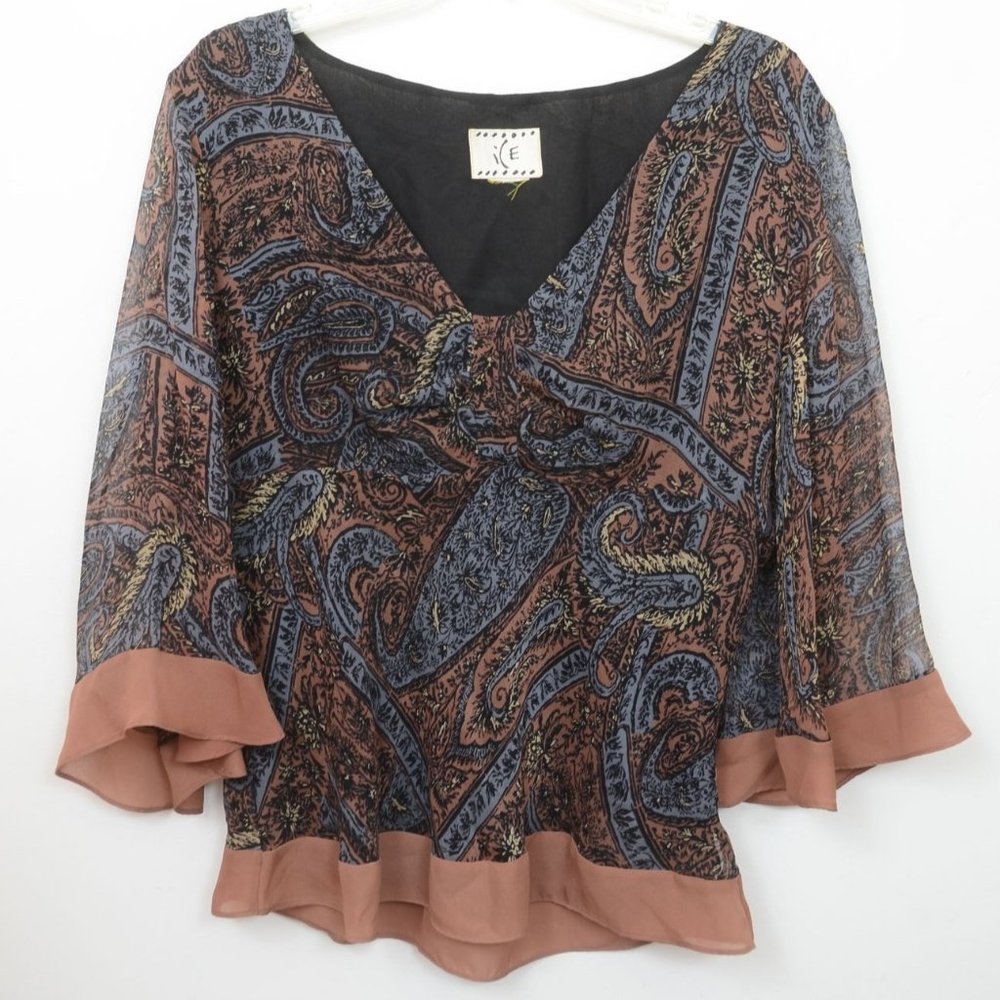 Y2K ICE Women Paisley Flowy Silk Ruffled Top Boho Fairy Blouse Top Size LG
